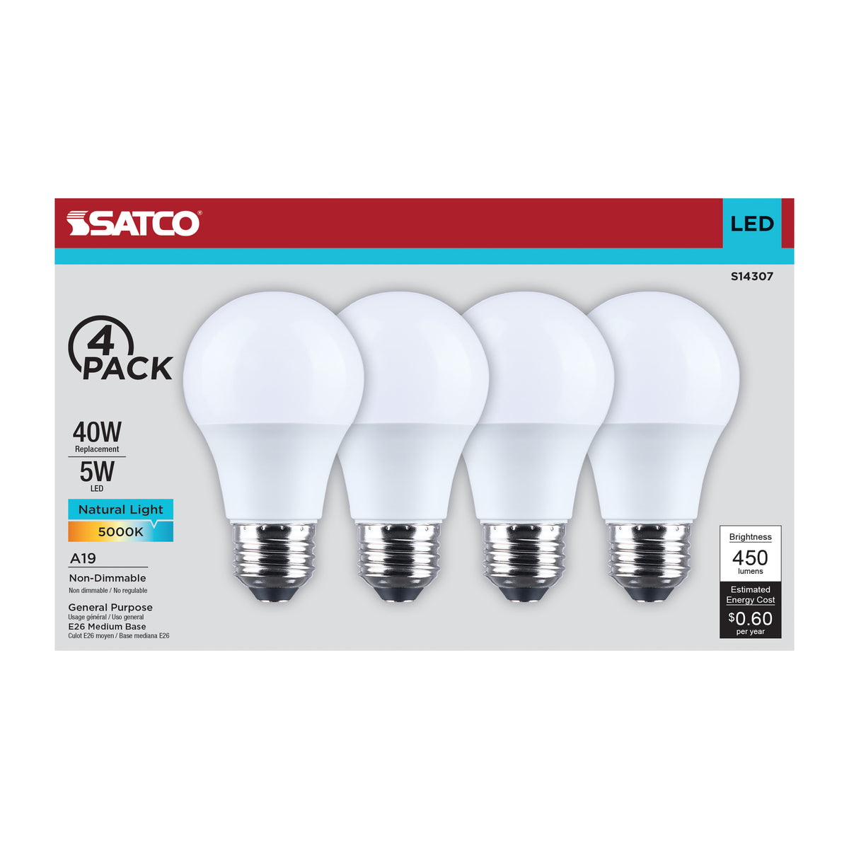 5 Watt LED A19 - 5000K CCT - Medium Base - Plastic - 120 Volt - 4-pack