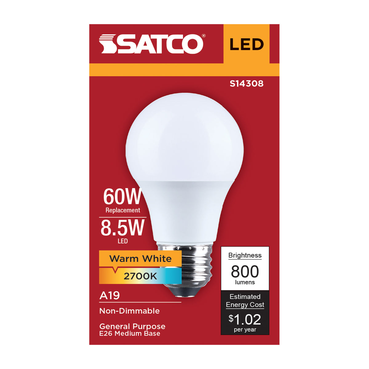 8.5 Watt LED A19 - 2700K CCT - Medium Base - Plastic - 120 Volt - 1-Pack