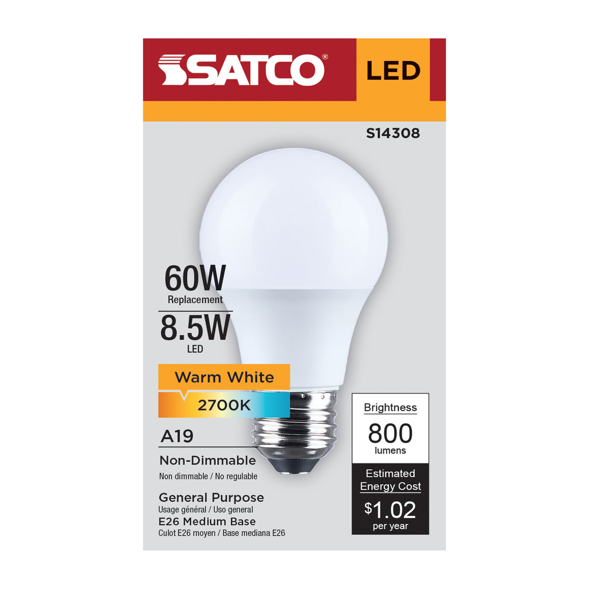 8.5 Watt LED A19 - 2700K CCT - Medium Base - Plastic - 120 Volt - 1-Pack