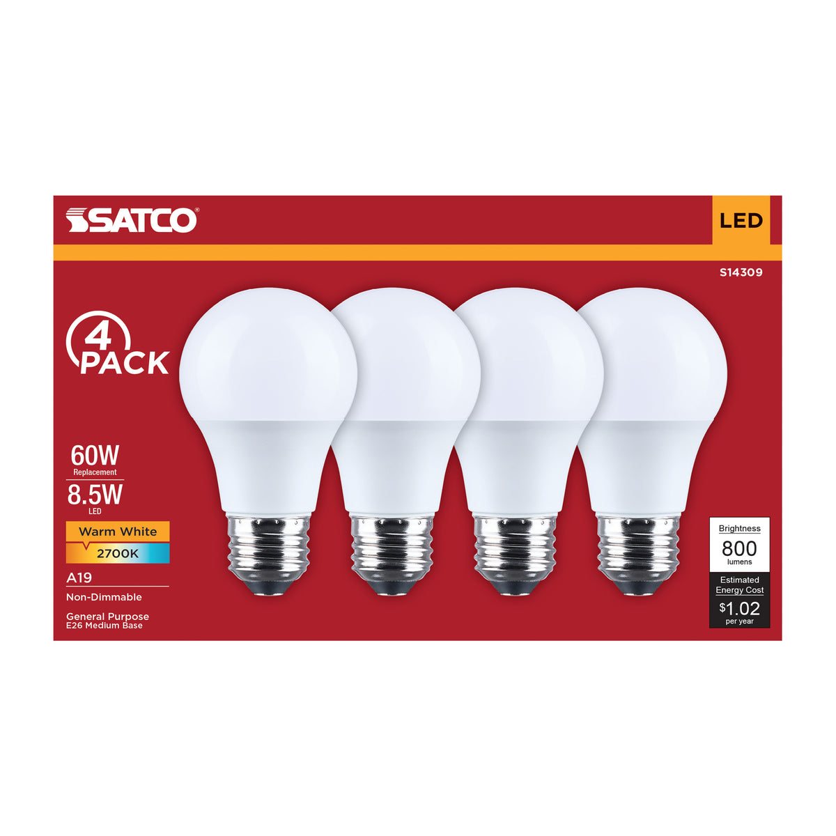 8.5 Watt LED A19 - 2700K CCT - Medium Base - Plastic - 120 Volt - 4-Pack