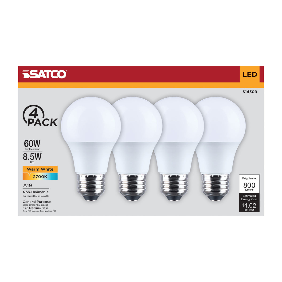 8.5 Watt LED A19 - 2700K CCT - Medium Base - Plastic - 120 Volt - 4-Pack