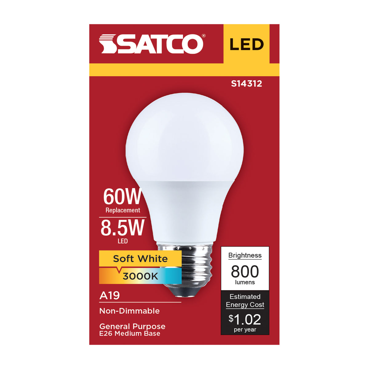 8.5 Watt LED A19 - 3000K CCT - Medium Base - Plastic - 120 Volt - 1-Pack