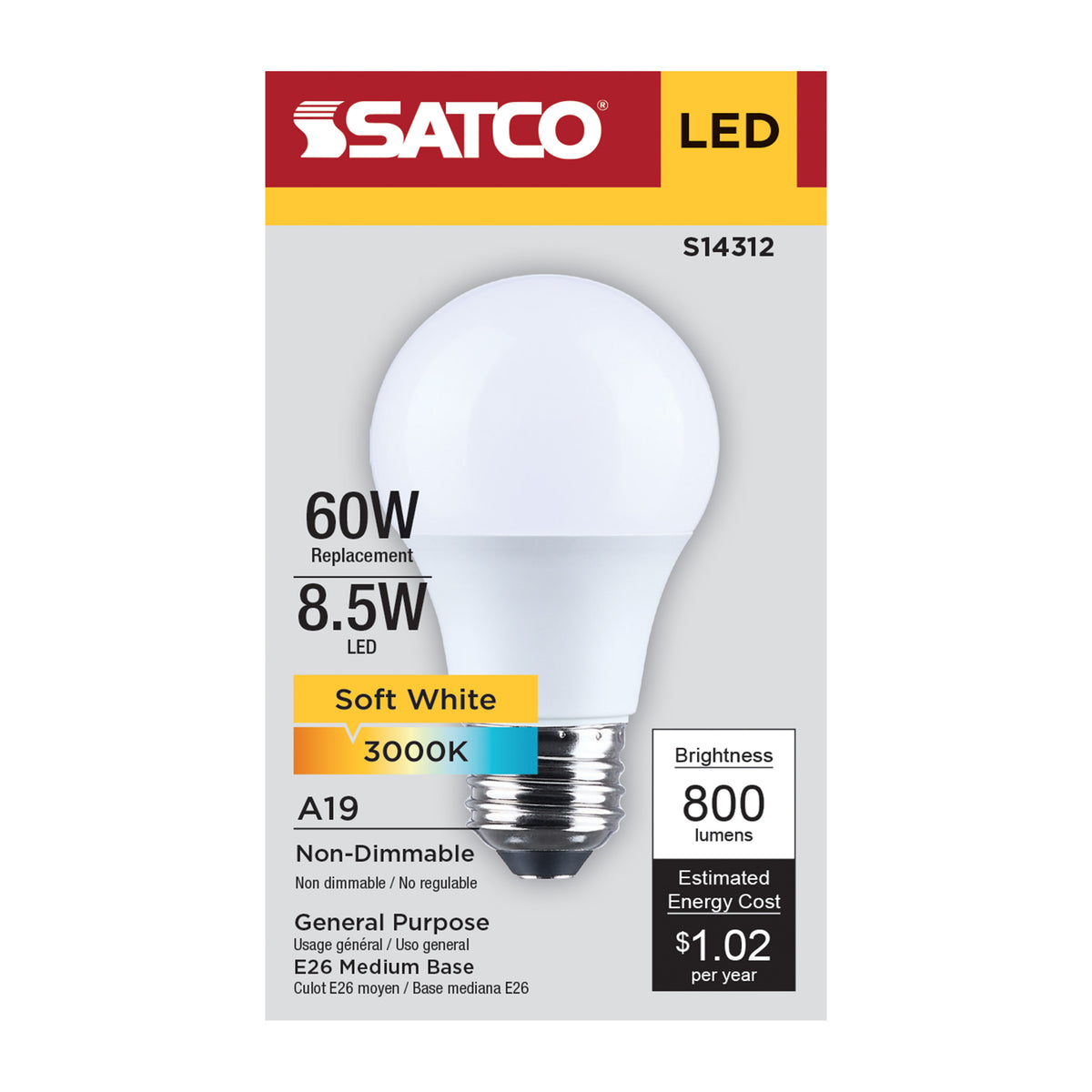8.5 Watt LED A19 - 3000K CCT - Medium Base - Plastic - 120 Volt - 1-Pack