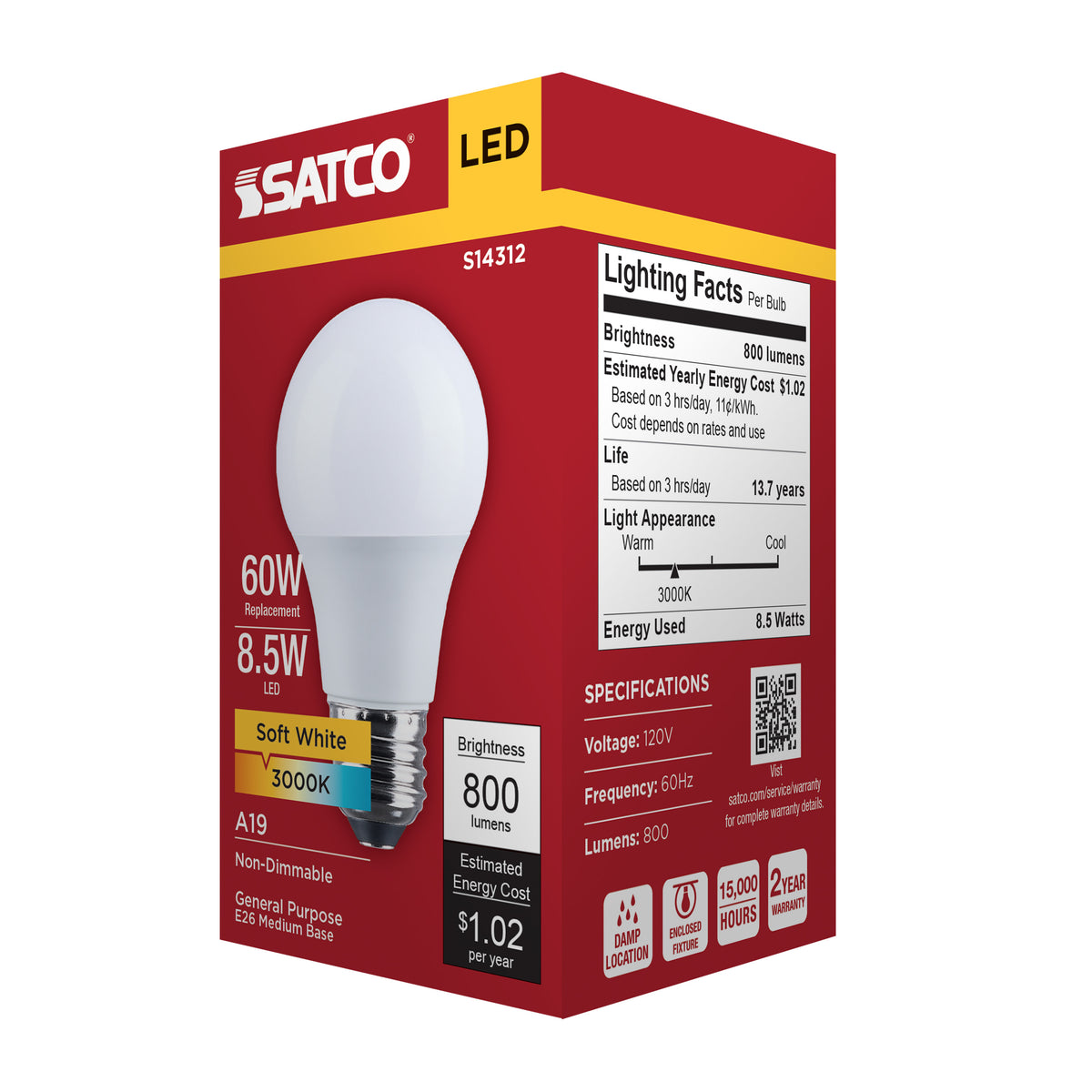 8.5 Watt LED A19 - 3000K CCT - Medium Base - Plastic - 120 Volt - 1-Pack