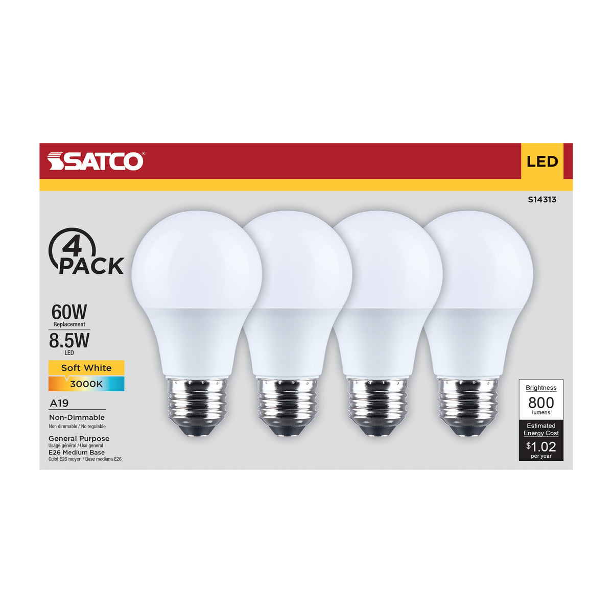 8.5 Watt LED A19 - 3000K CCT - Medium Base - Plastic - 120 Volt - 4-Pack