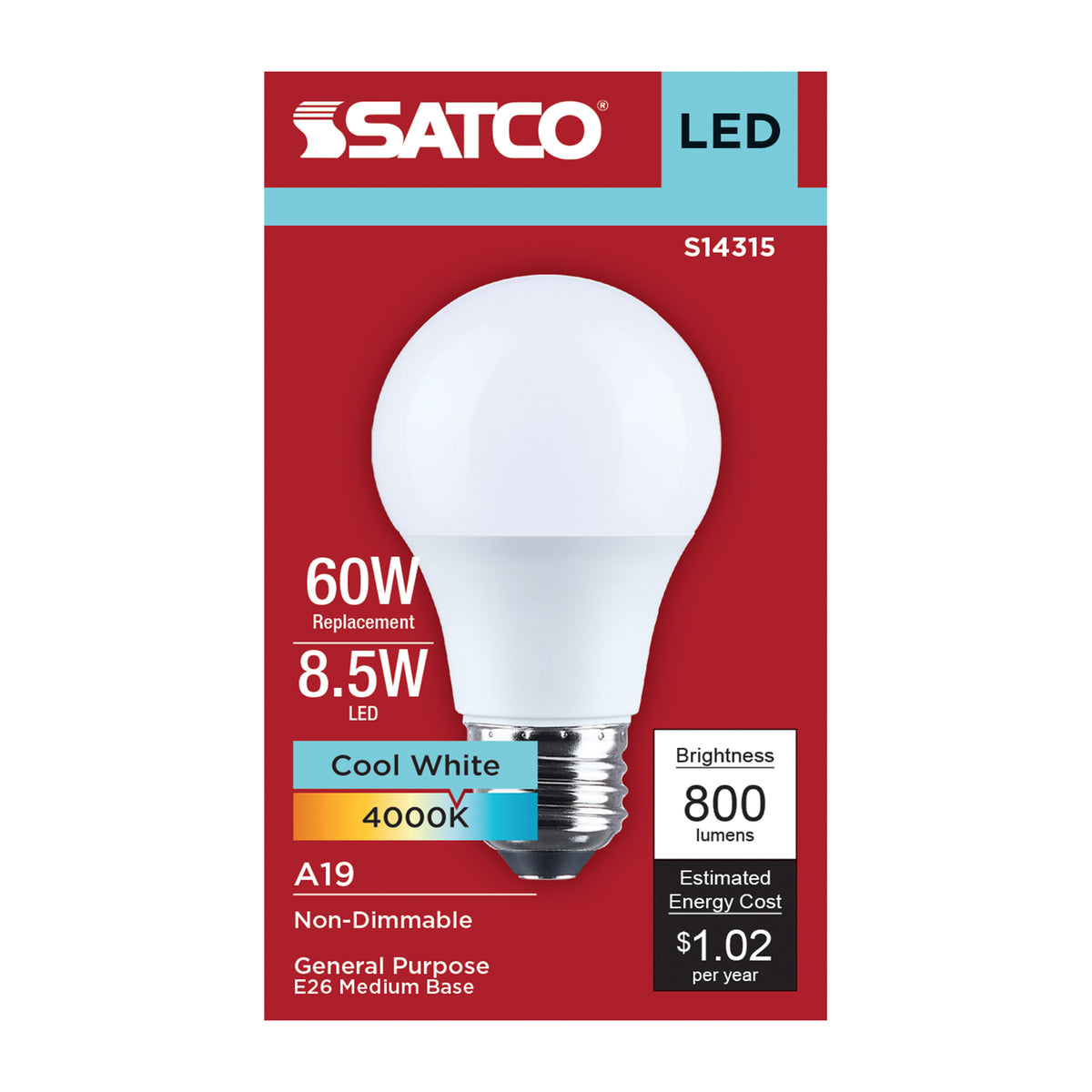 8.5 Watt LED A19 - 4000K CCT - Medium Base - Plastic - 120 Volt - 1-Pack