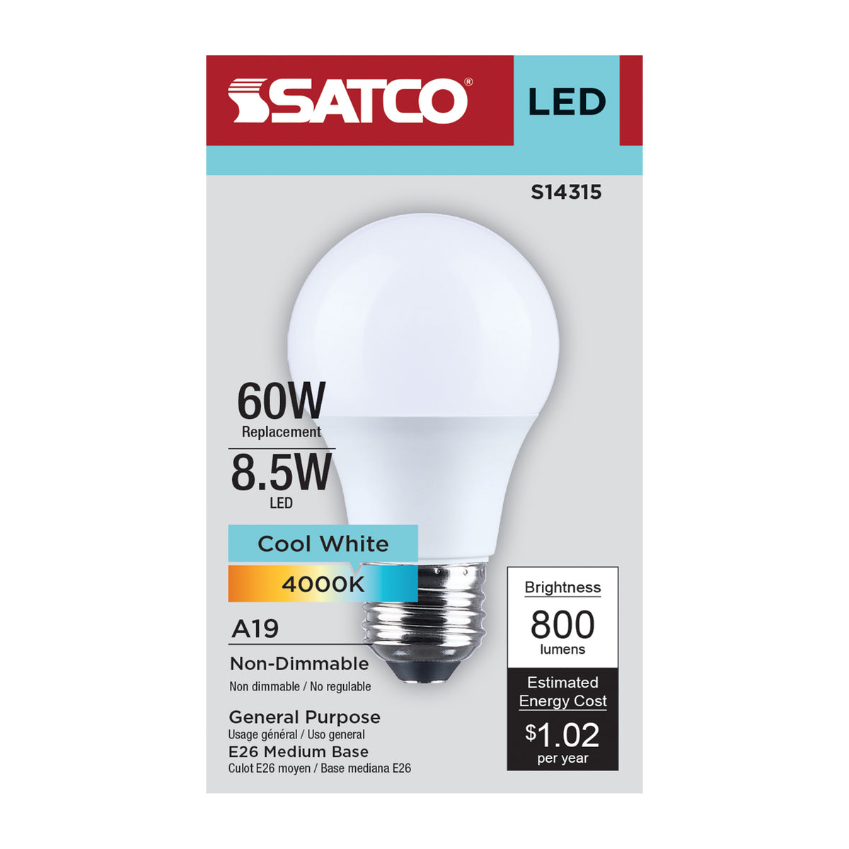 8.5 Watt LED A19 - 4000K CCT - Medium Base - Plastic - 120 Volt - 1-Pack