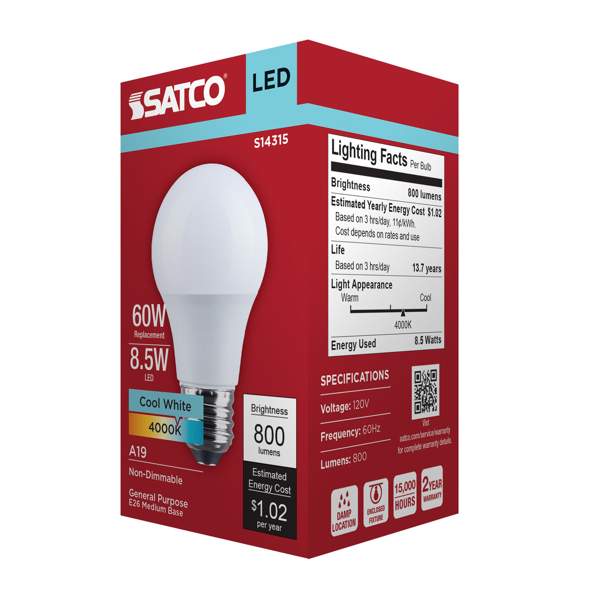 8.5 Watt LED A19 - 4000K CCT - Medium Base - Plastic - 120 Volt - 1-Pack