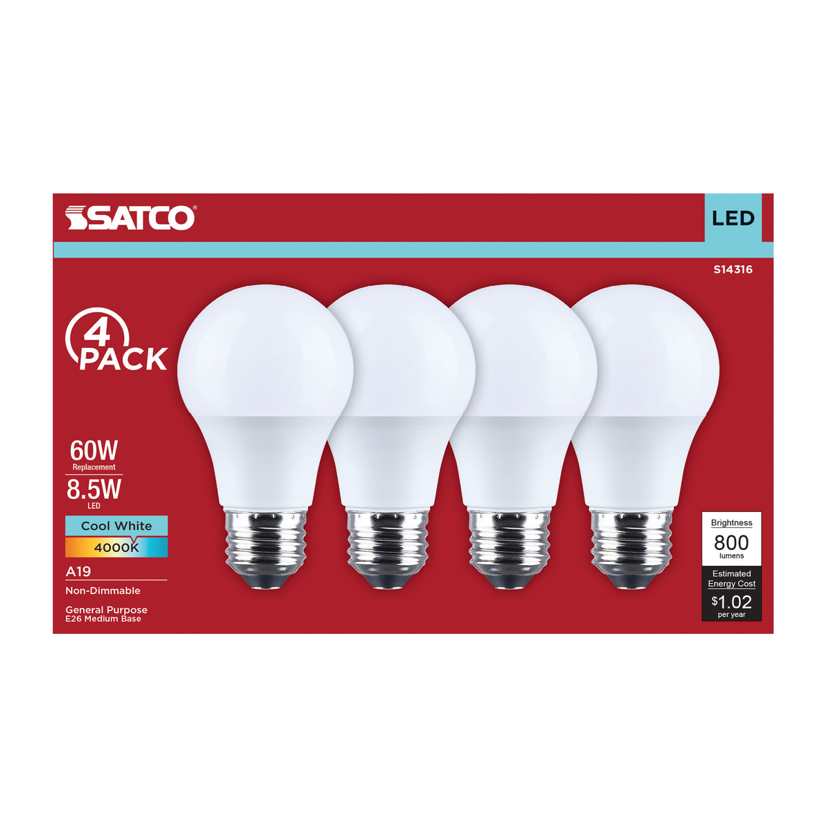8.5 Watt LED A19 - 4000K CCT - Medium Base - Plastic - 120 Volt - 4-Pack