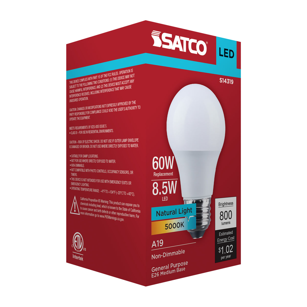 8.5 Watt LED A19 - 5000K CCT - Medium Base - Plastic - 120 Volt - 1-Pack