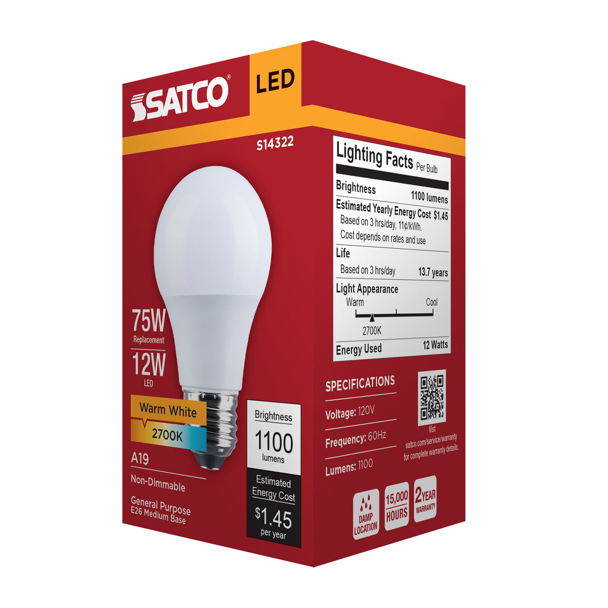 12 Watt LED A19 - 2700K CCT - Medium Base - Plastic - 120 Volt - 1-Pack