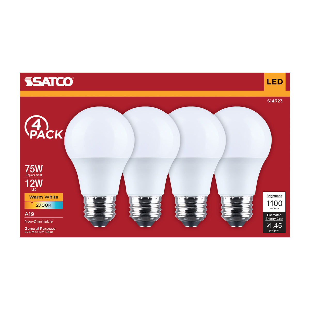 12 Watt LED A19 - 2700K CCT - Medium Base - Plastic - 120 Volt - 4-Pack