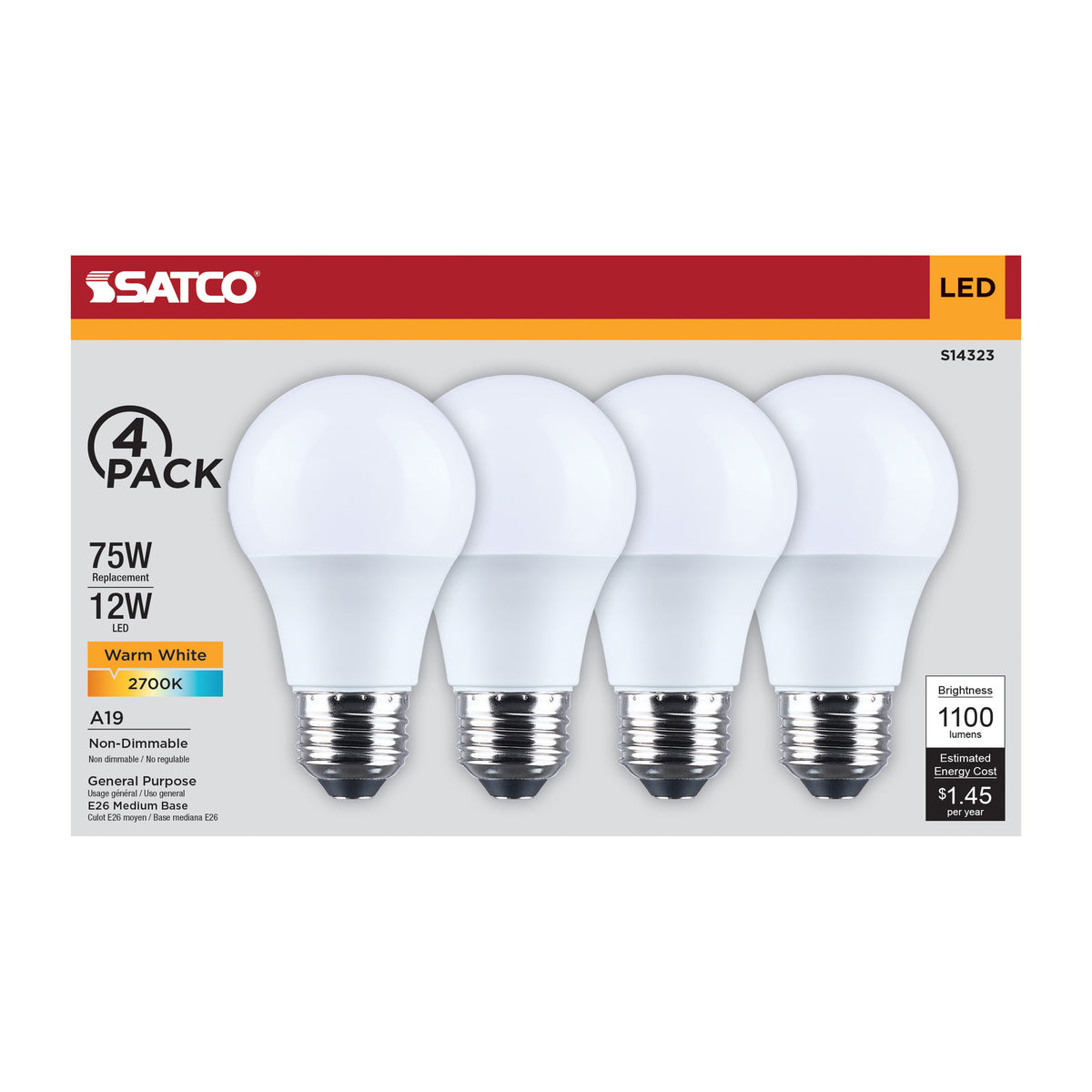 12 Watt LED A19 - 2700K CCT - Medium Base - Plastic - 120 Volt - 4-Pack