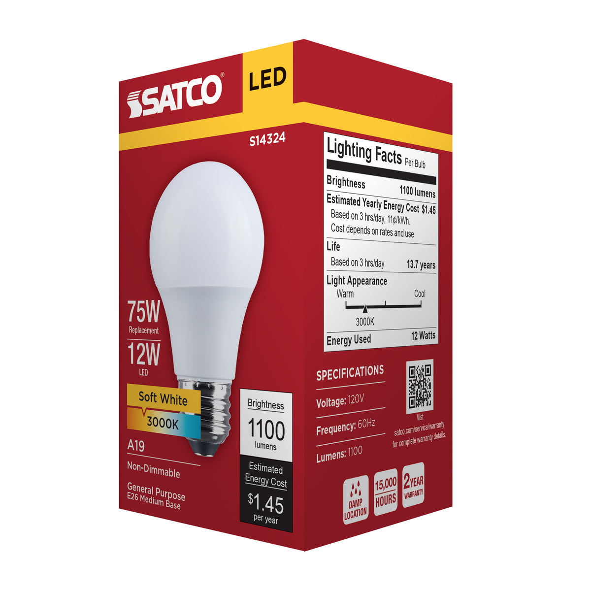 12 Watt LED A19 - 3000K CCT - Medium Base - Plastic - 120 Volt - 1-Pack
