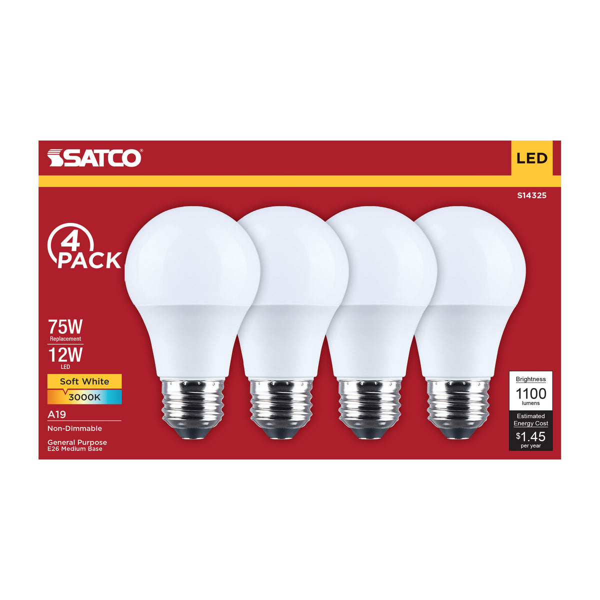 12 Watt LED A19 - 3000K CCT - Medium Base - Plastic - 120 Volt - 4-Pack