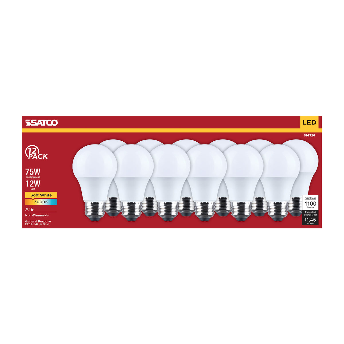 12 Watt LED A19 - 3000K CCT - Medium Base - Plastic - 120 Volt - 12-Pack