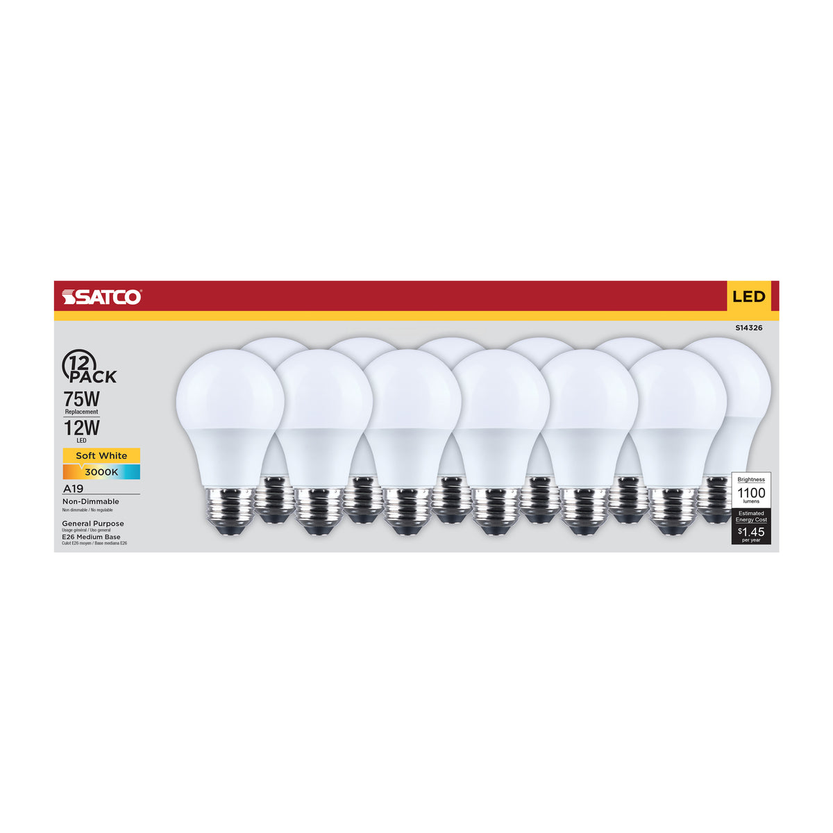 12 Watt LED A19 - 3000K CCT - Medium Base - Plastic - 120 Volt - 12-Pack