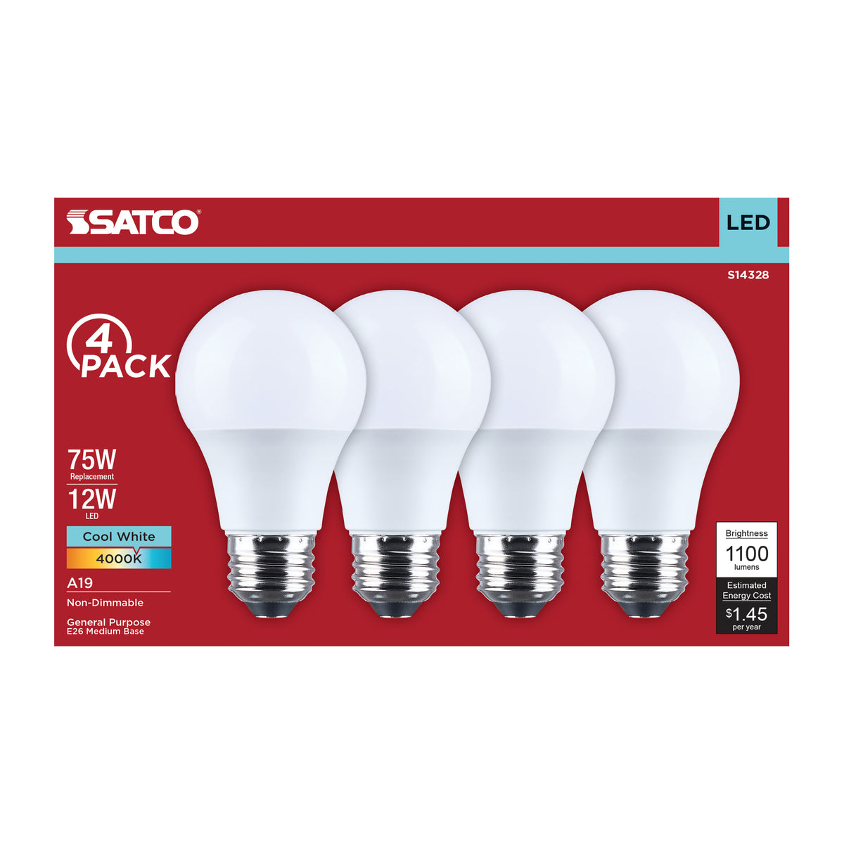 12 Watt LED A19 - 4000K CCT - Medium Base - Plastic - 120 Volt - 4-Pack