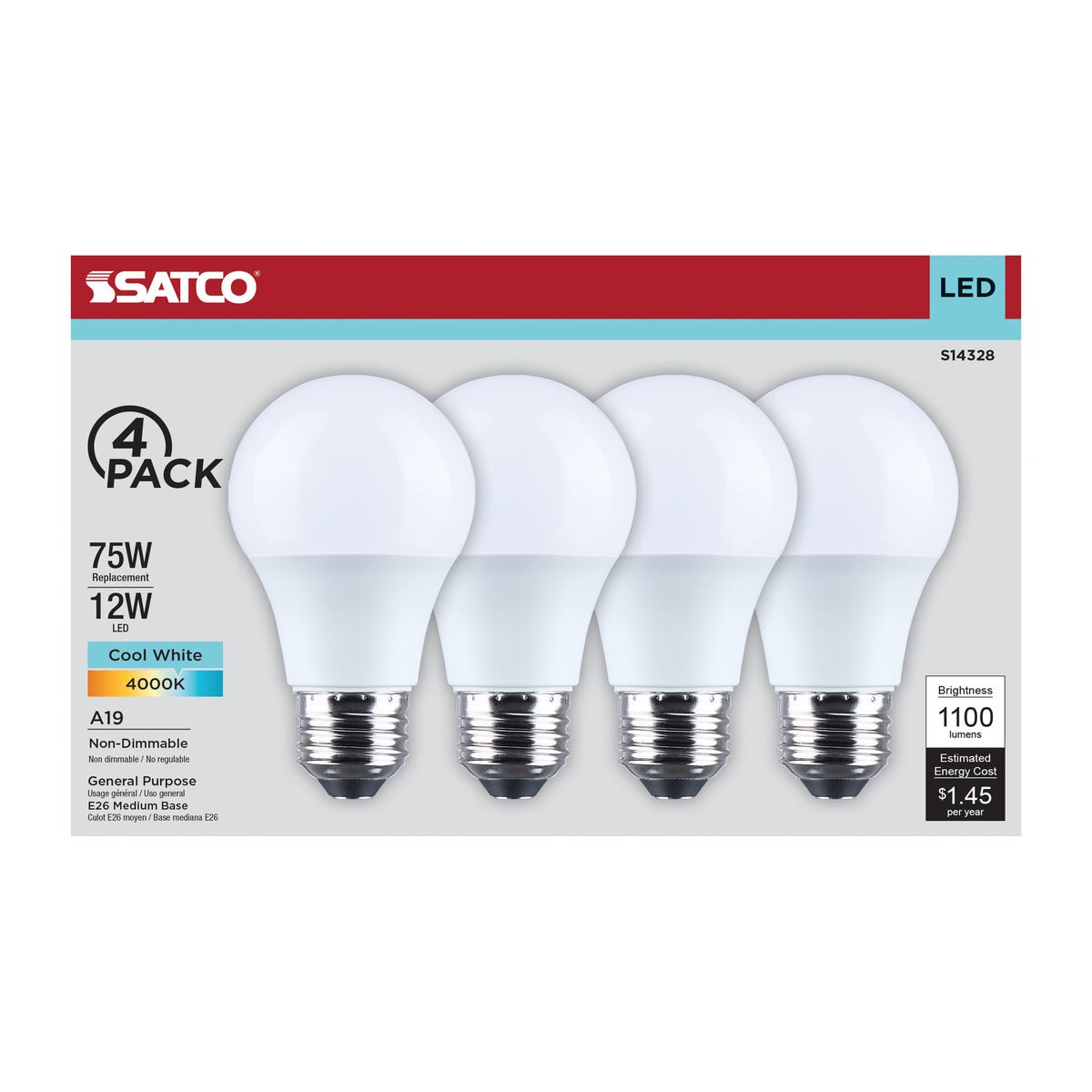 12 Watt LED A19 - 4000K CCT - Medium Base - Plastic - 120 Volt - 4-Pack