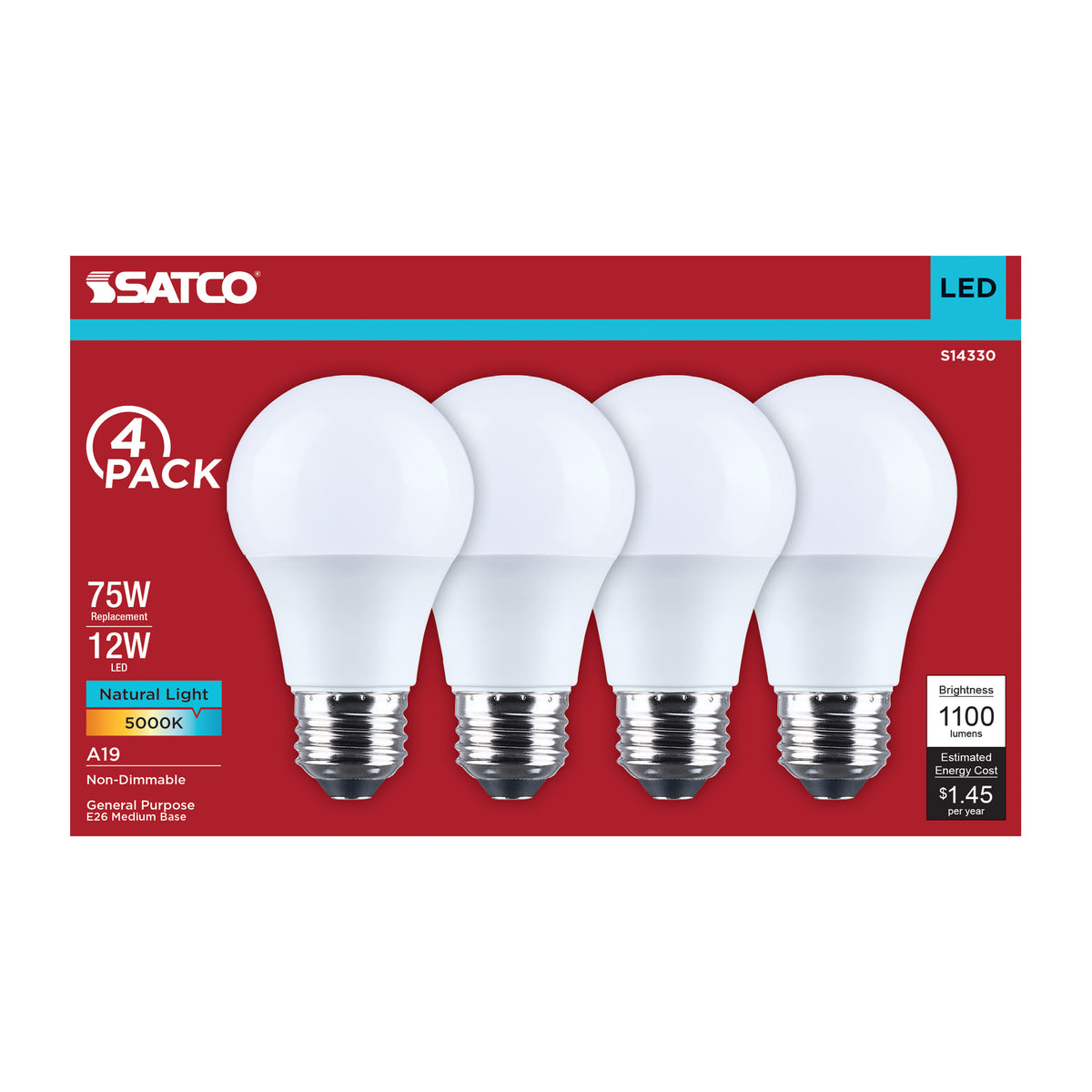 12 Watt LED A19 - 5000K CCT - Medium Base - Plastic - 120 Volt - 4-Pack