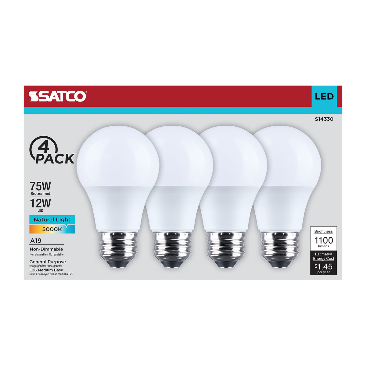 12 Watt LED A19 - 5000K CCT - Medium Base - Plastic - 120 Volt - 4-Pack