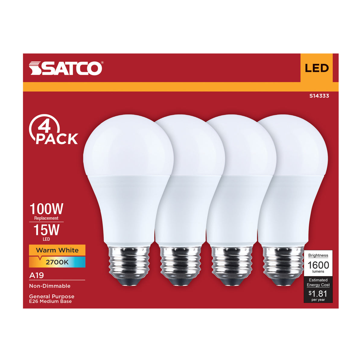 15 Watt LED A19 - 2700K CCT - Medium Base - Plastic - 120 Volt - 4-Pack