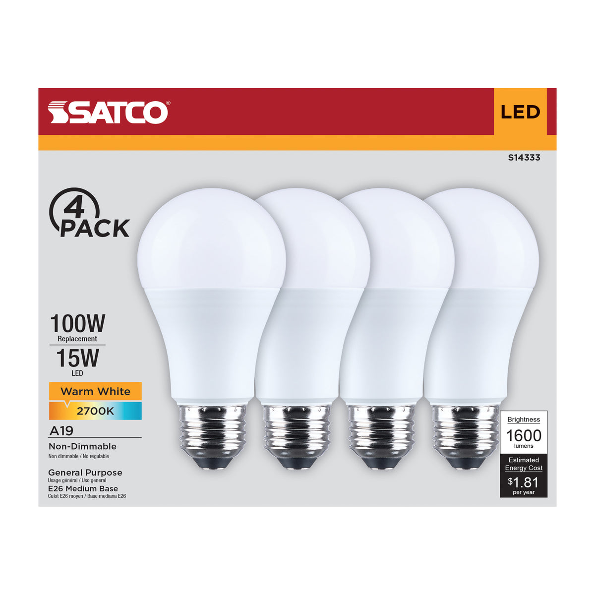 15 Watt LED A19 - 2700K CCT - Medium Base - Plastic - 120 Volt - 4-Pack