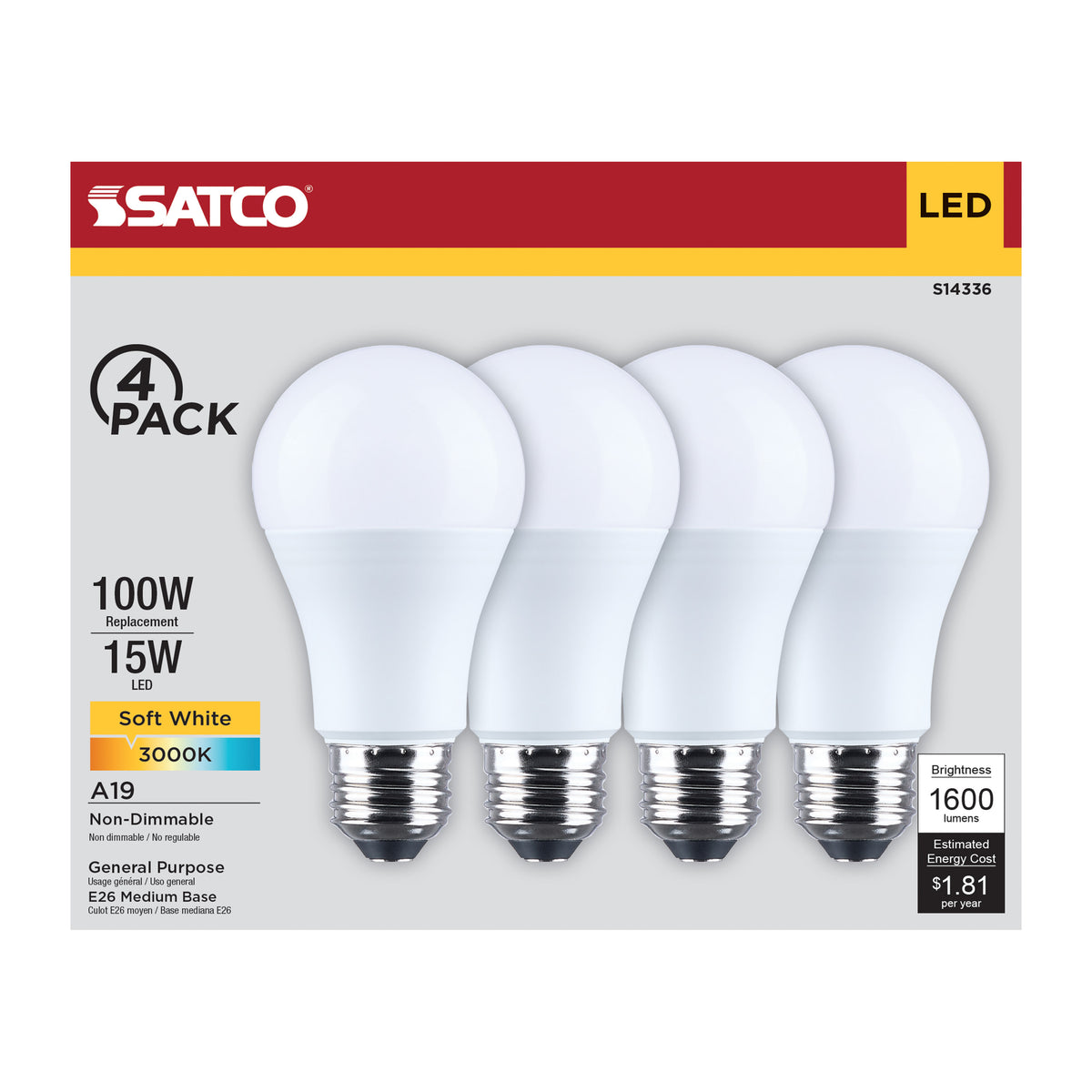 15 Watt LED A19 - 3000K CCT - Medium Base - Plastic - 120 Volt - 4-Pack