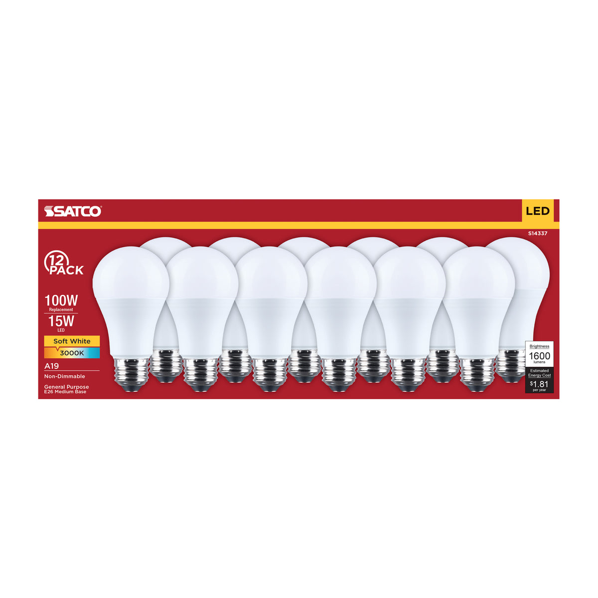 15 Watt LED A19 - 3000K CCT - Medium Base - Plastic - 120 Volt - 12-Pack