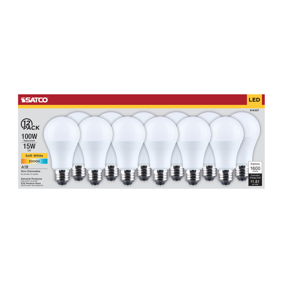 15 Watt LED A19 - 3000K CCT - Medium Base - Plastic - 120 Volt - 12-Pack