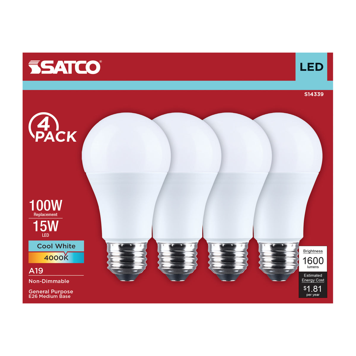 15 Watt LED A19 - 4000K CCT - Medium Base - Plastic - 120 Volt - 4-Pack