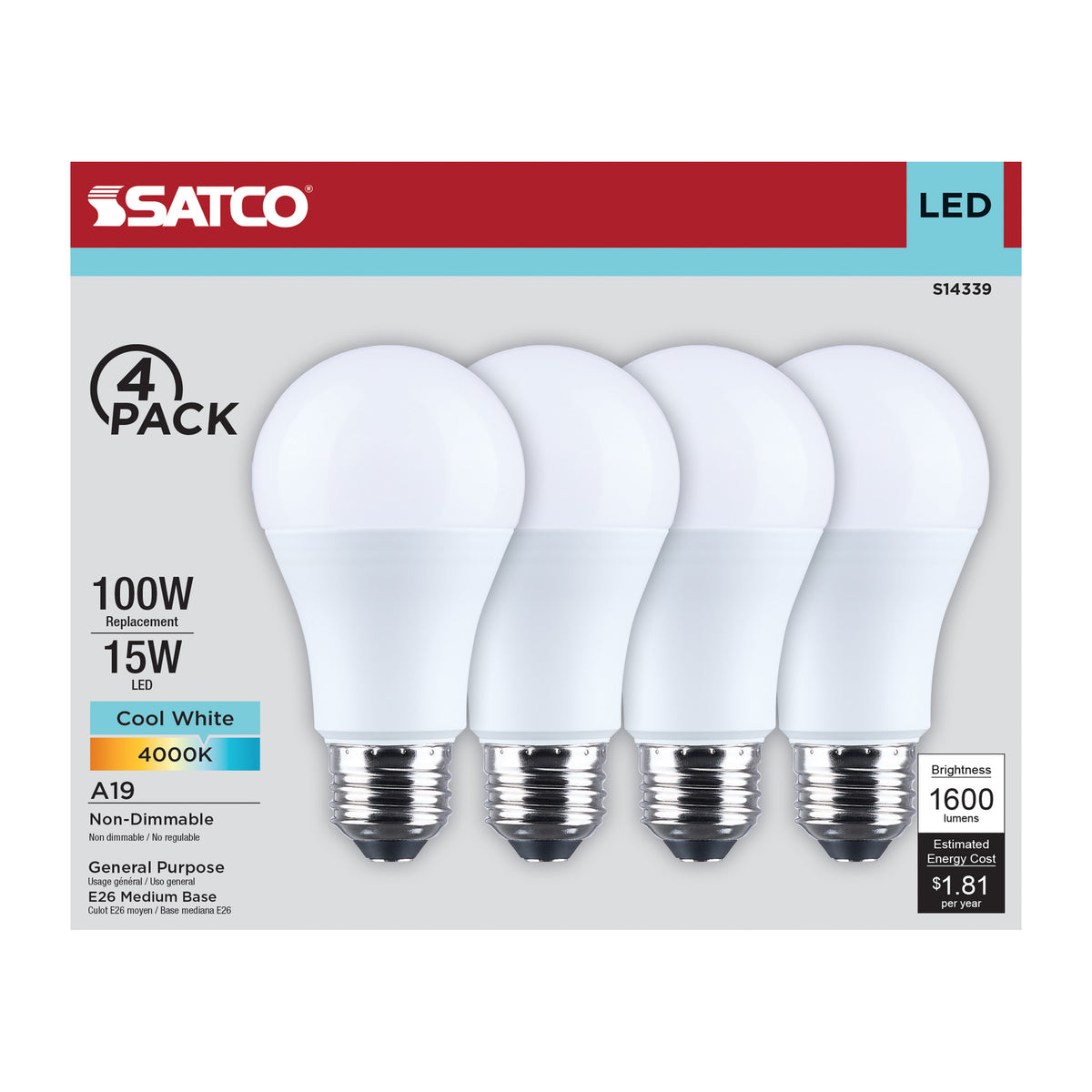 15 Watt LED A19 - 4000K CCT - Medium Base - Plastic - 120 Volt - 4-Pack