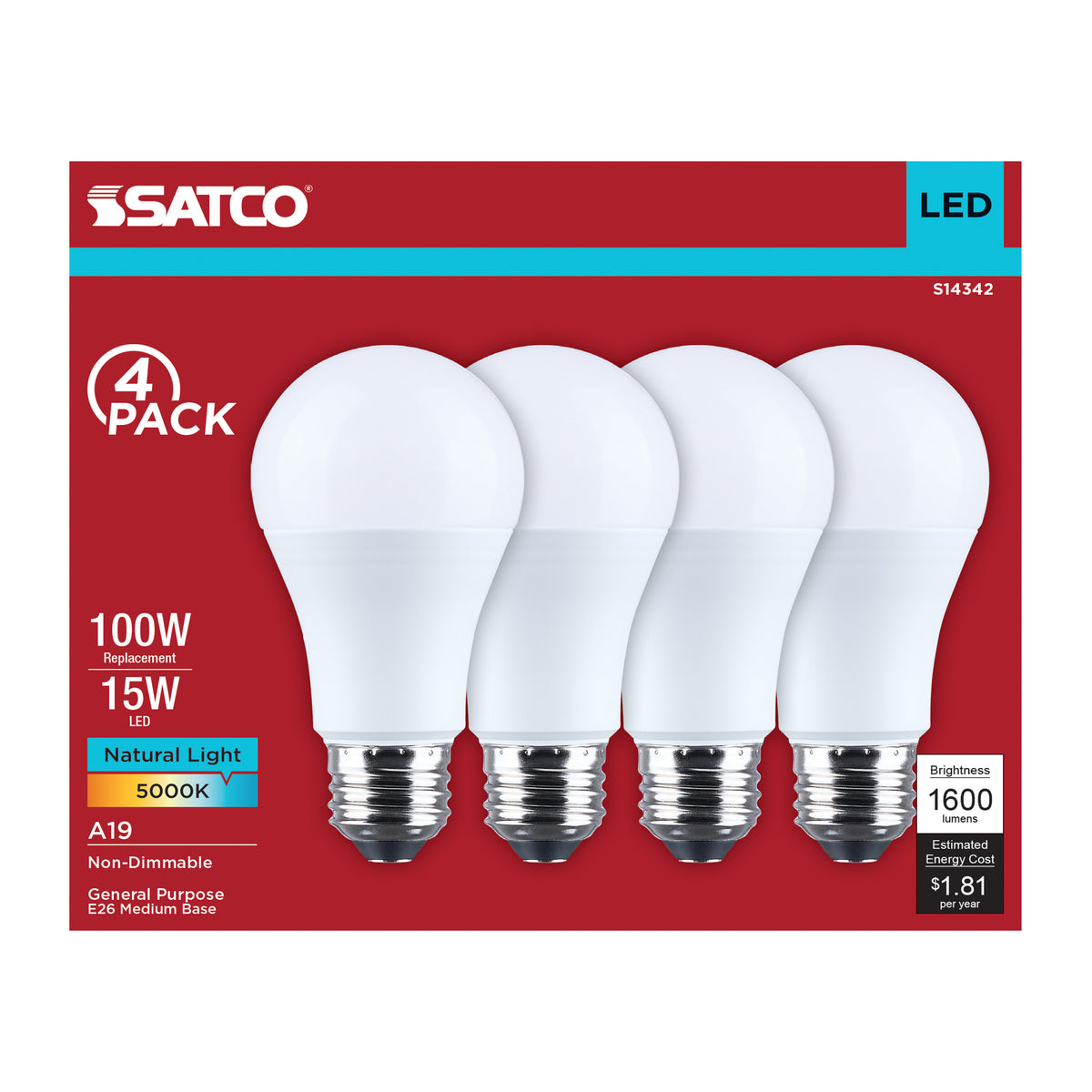 15 Watt LED A19 - 5000K CCT - Medium Base - Plastic - 120 Volt - 4-Pack