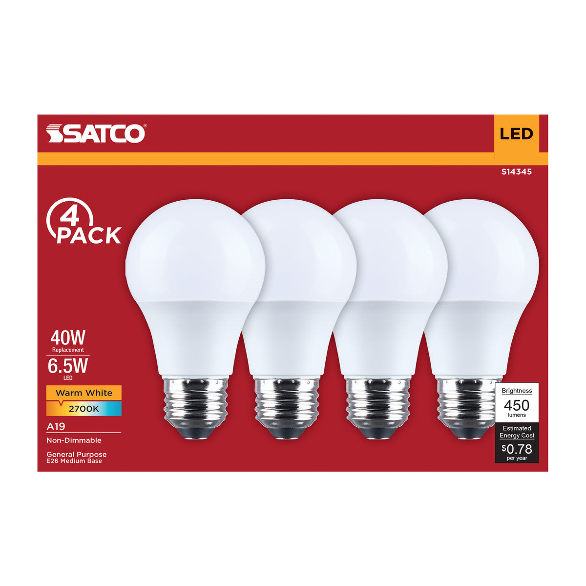 6.5 Watt LED A19 - 2700K CCT - Medium Base - Plastic - 120 Volt - 4-Pack