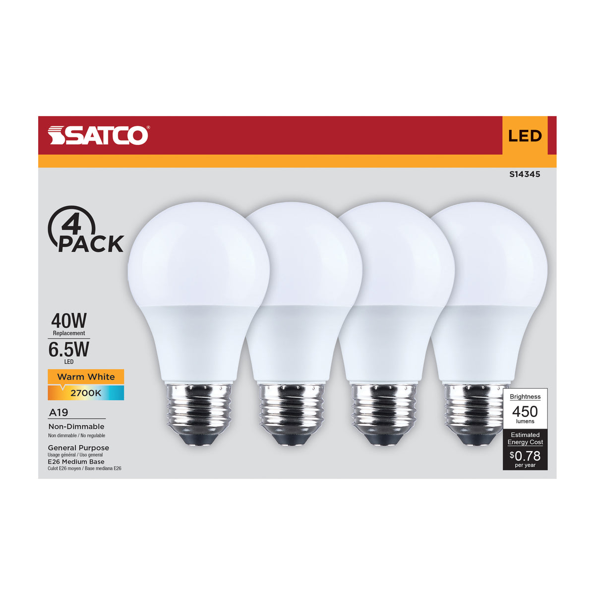 6.5 Watt LED A19 - 2700K CCT - Medium Base - Plastic - 120 Volt - 4-Pack