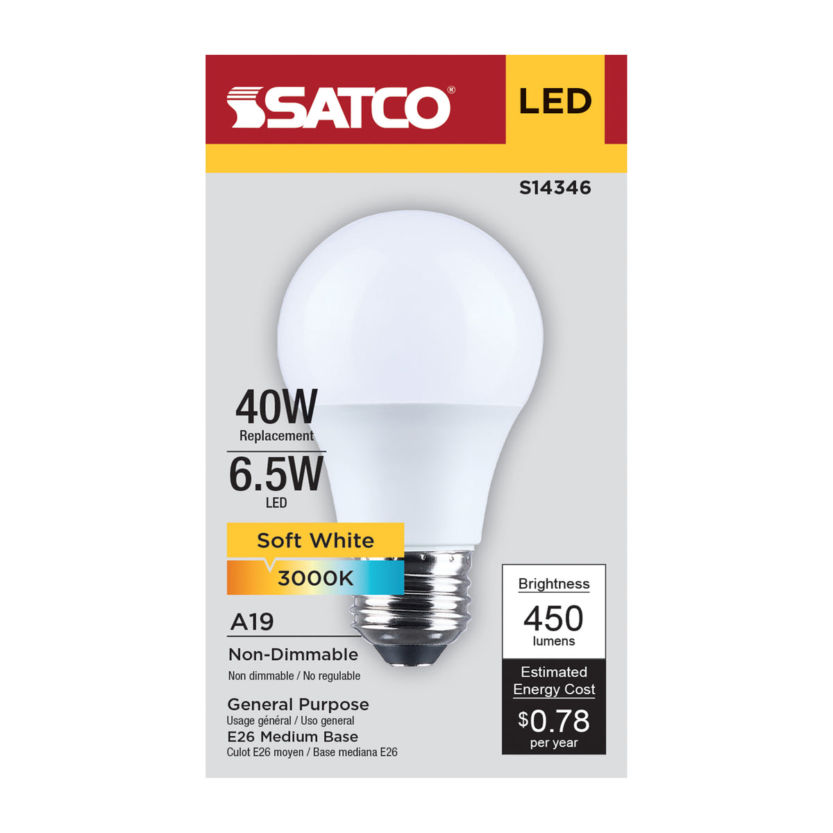 6.5 Watt LED A19 - 3000K CCT - Medium Base - Plastic - 120 Volt - 1-Pack