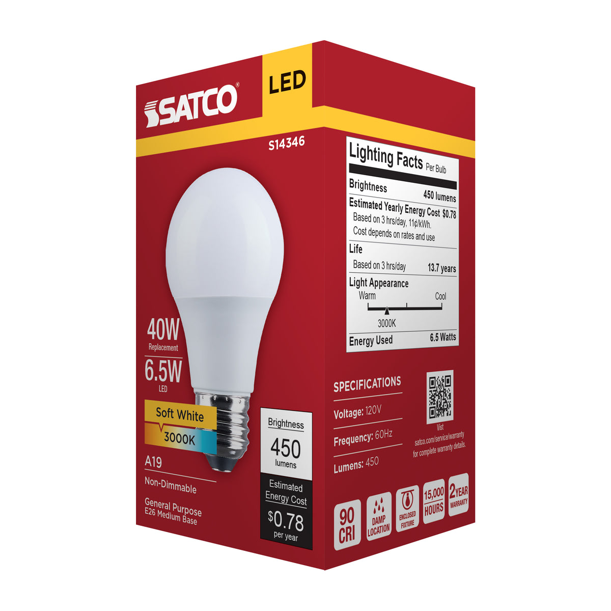 6.5 Watt LED A19 - 3000K CCT - Medium Base - Plastic - 120 Volt - 1-Pack