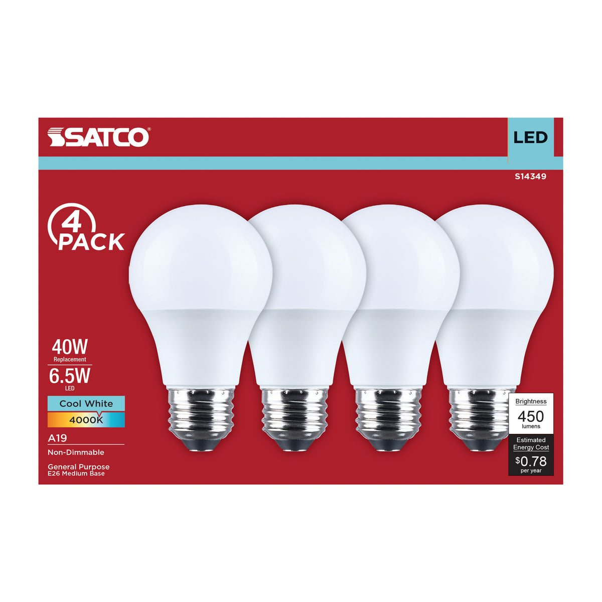 6.5 Watt LED A19 - 4000K CCT - Medium Base - Plastic - 120 Volt - 4-Pack