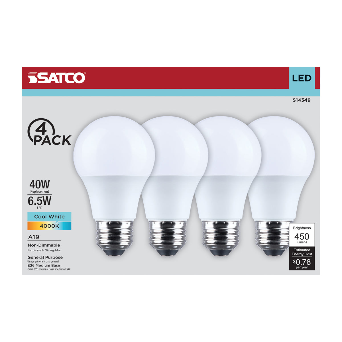 6.5 Watt LED A19 - 4000K CCT - Medium Base - Plastic - 120 Volt - 4-Pack