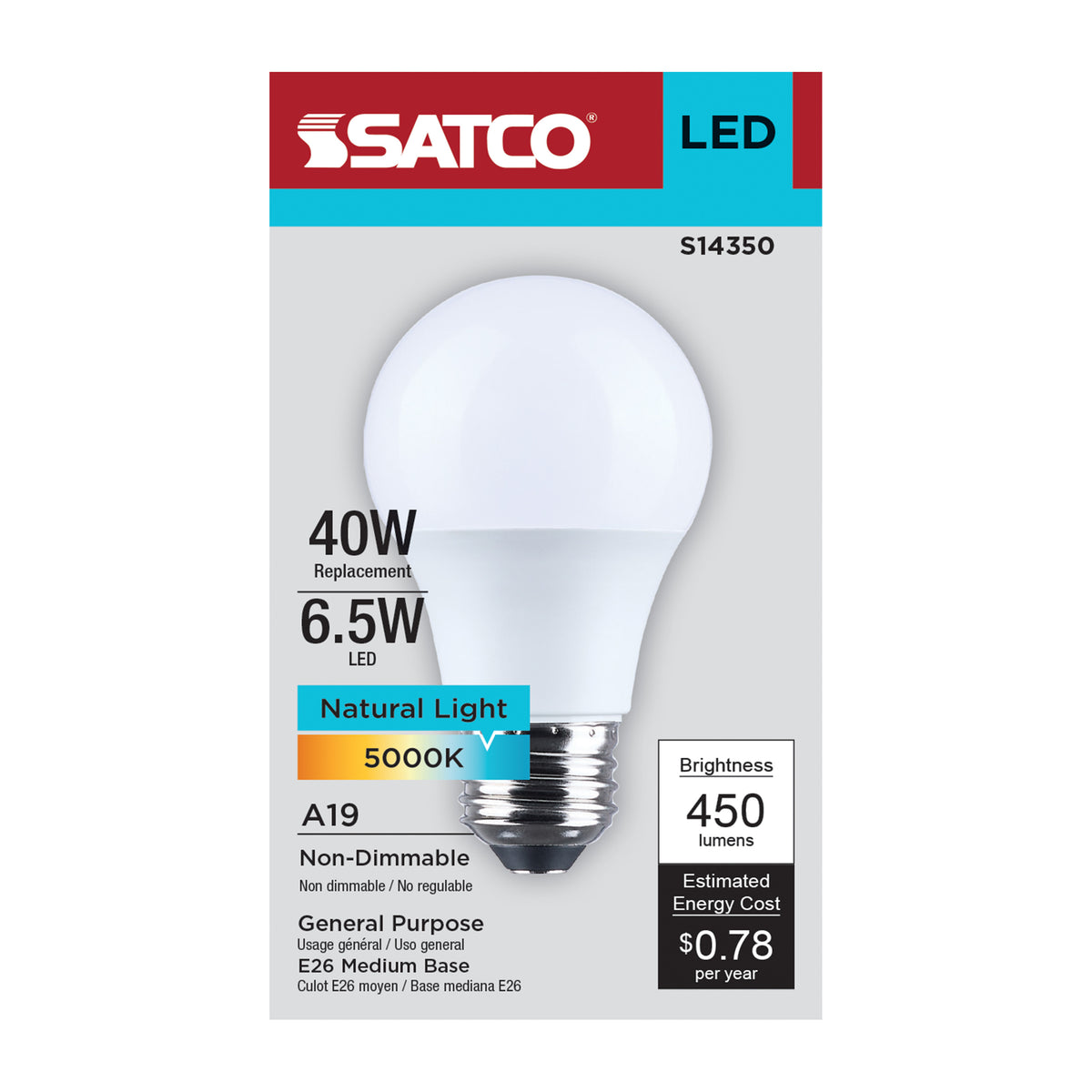 6.5 Watt LED A19 - 5000K CCT - Medium Base - Plastic - 120 Volt - 1-Pack