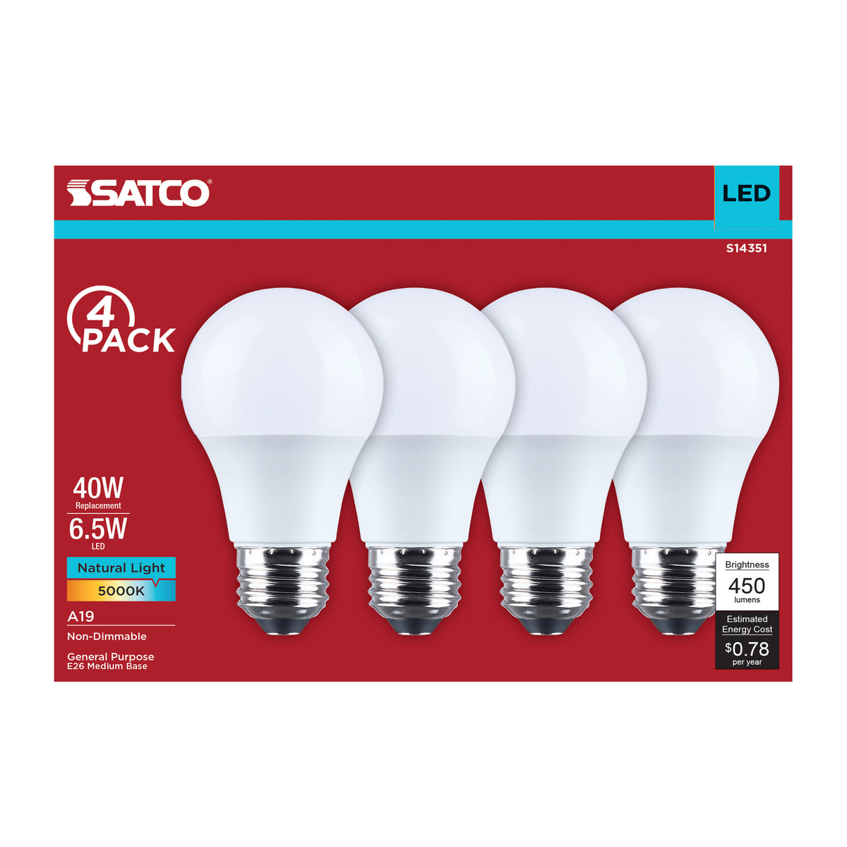 6.5 Watt LED A19 - 5000K CCT - Medium Base - Plastic - 120 Volt - 4-Pack