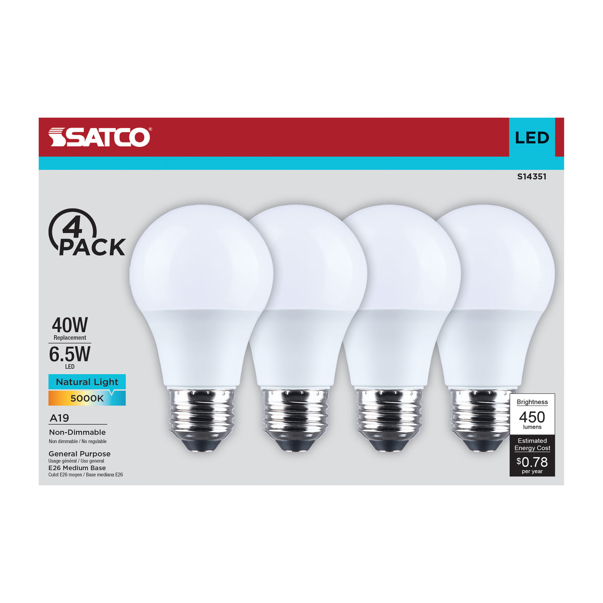 6.5 Watt LED A19 - 5000K CCT - Medium Base - Plastic - 120 Volt - 4-Pack