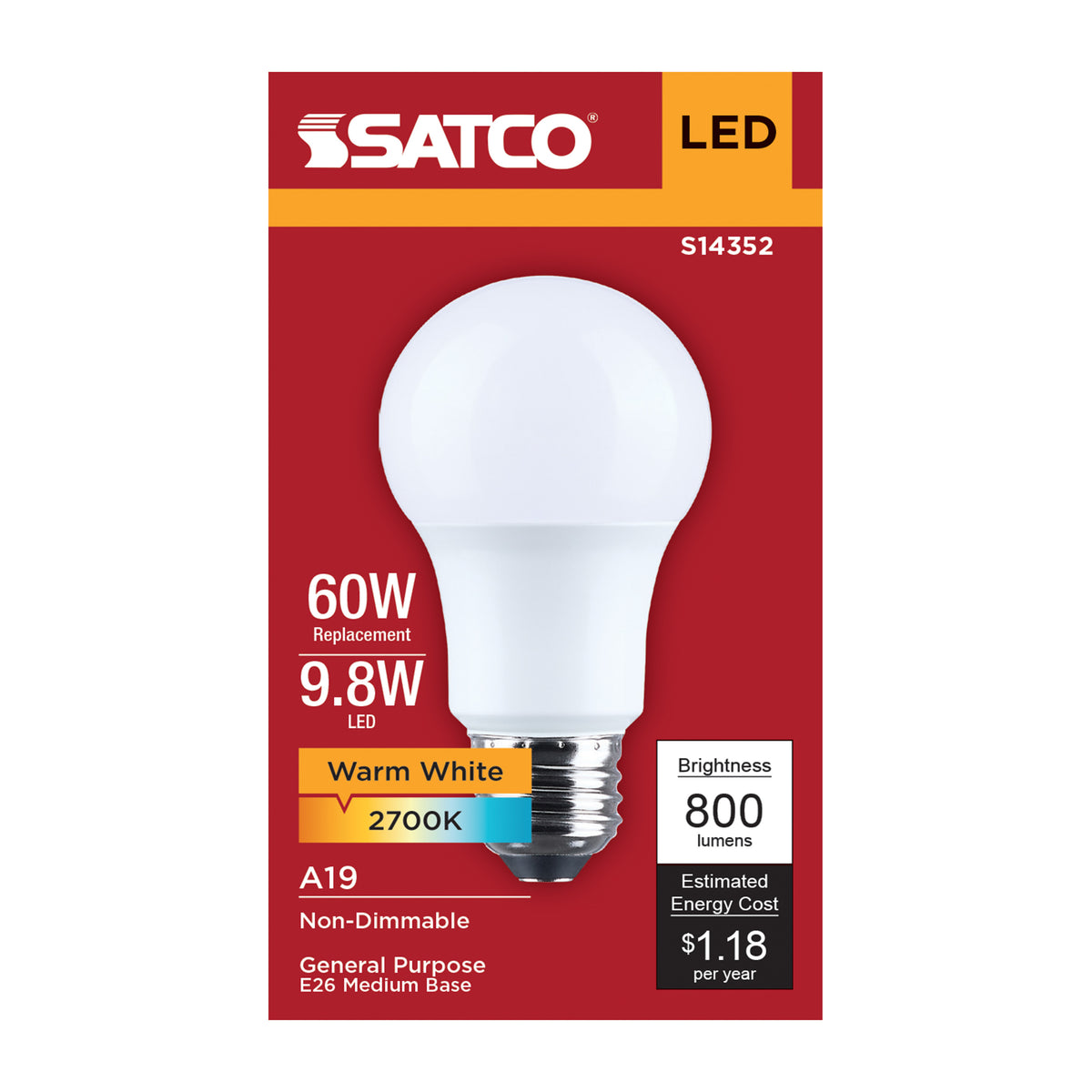 9.8 Watt LED A19 - 2700K CCT - Medium Base - Plastic - 120 Volt - 1-Pack