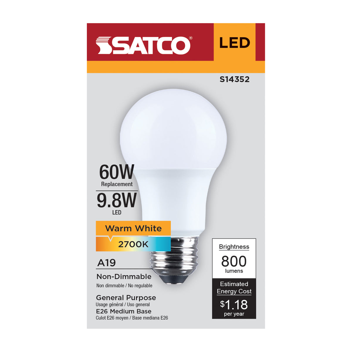 9.8 Watt LED A19 - 2700K CCT - Medium Base - Plastic - 120 Volt - 1-Pack