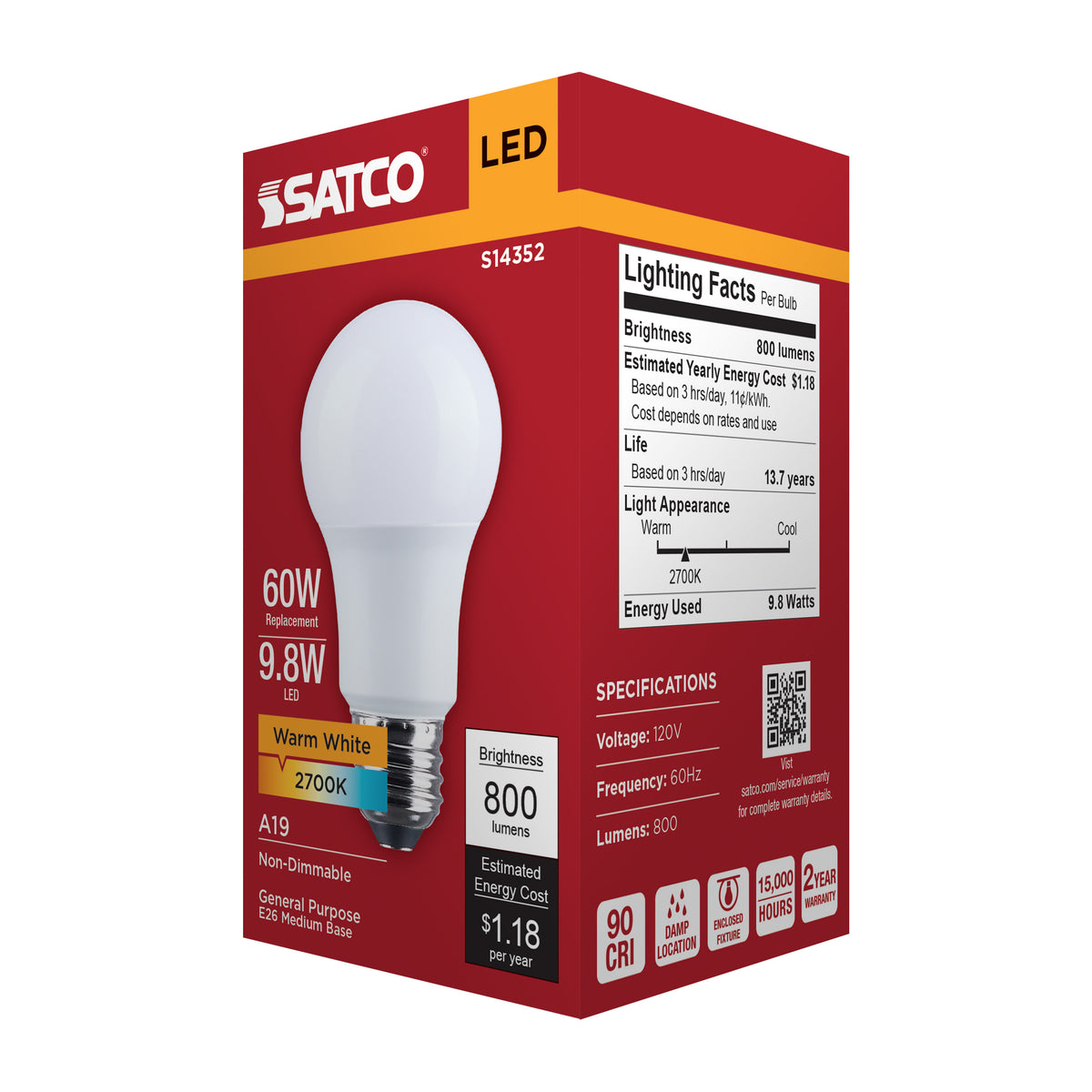 9.8 Watt LED A19 - 2700K CCT - Medium Base - Plastic - 120 Volt - 1-Pack