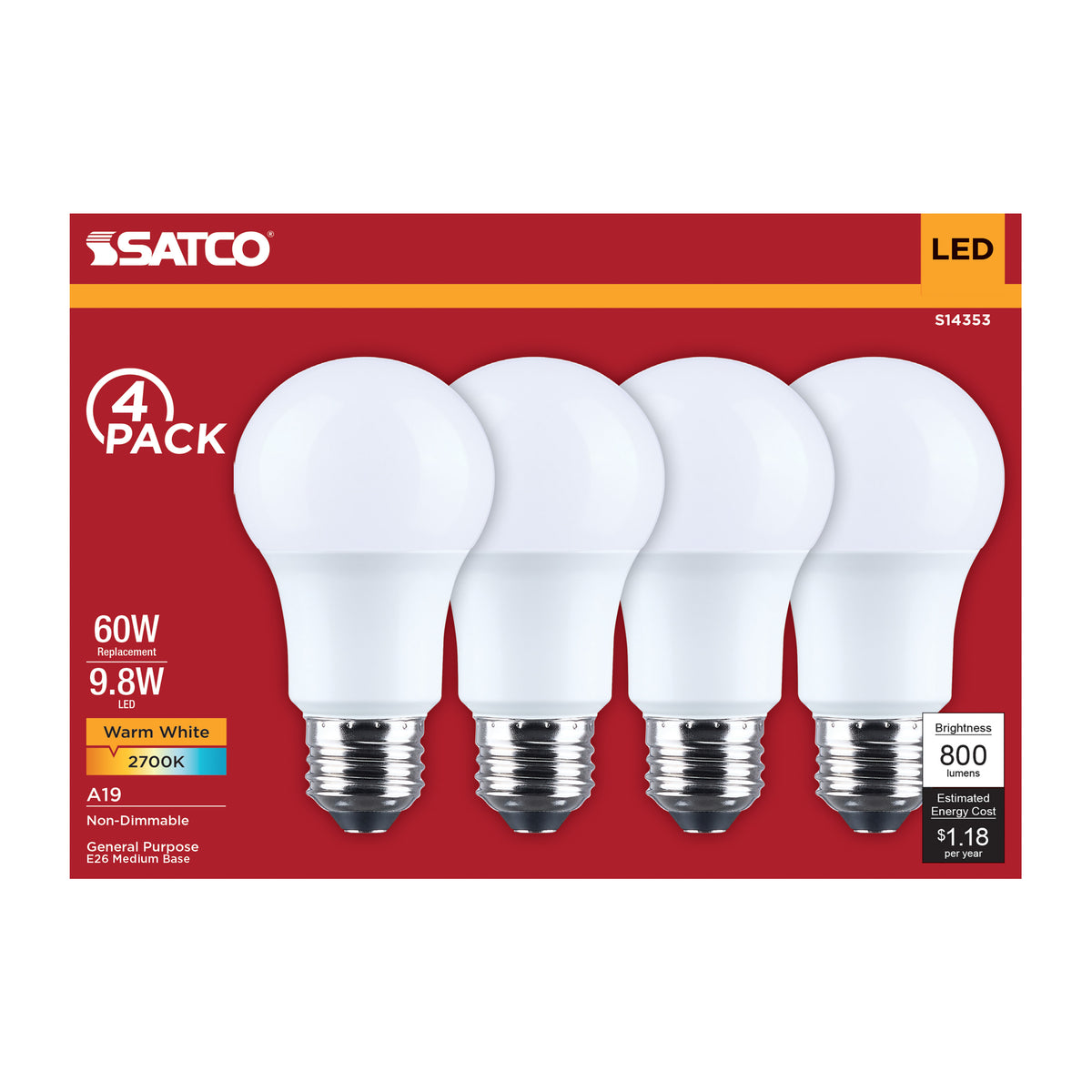 9.8 Watt LED A19 - 2700K CCT - Medium Base - Plastic - 120 Volt - 4-Pack