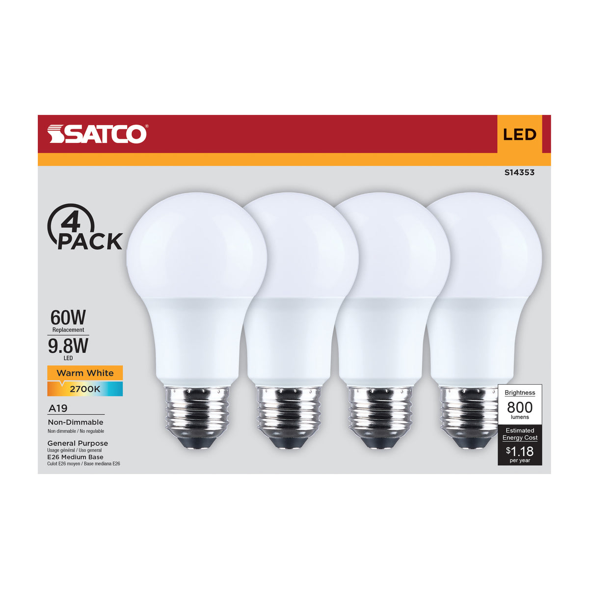9.8 Watt LED A19 - 2700K CCT - Medium Base - Plastic - 120 Volt - 4-Pack