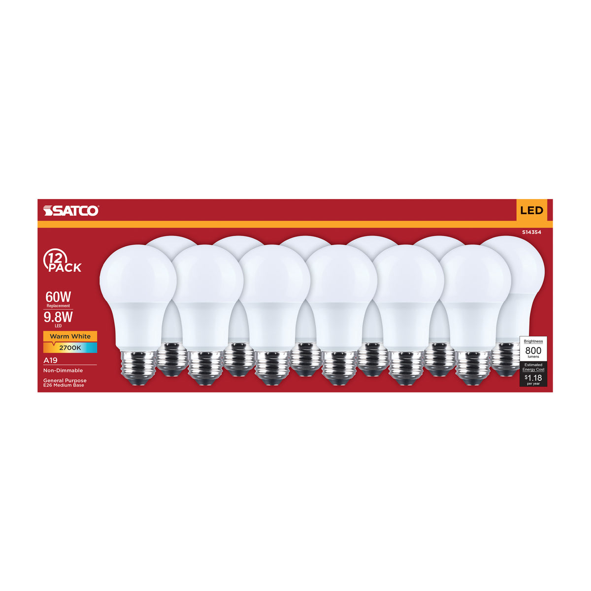 9.8 Watt LED A19 - 2700K CCT - Medium Base - Plastic - 120 Volt - 12-Pack