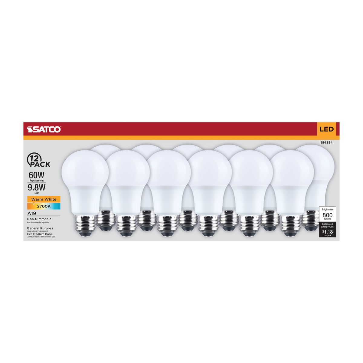 9.8 Watt LED A19 - 2700K CCT - Medium Base - Plastic - 120 Volt - 12-Pack