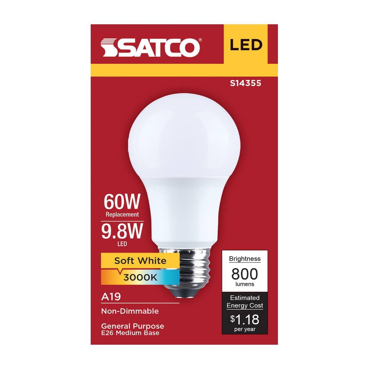 9.8 Watt LED A19 - 3000K CCT - Medium Base - Plastic - 120 Volt - 1-Pack